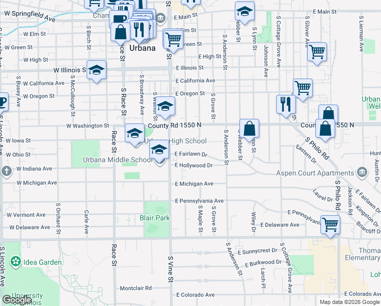 map of restaurants, bars, coffee shops, grocery stores, and more near 446 East Fairlawn Drive in Urbana