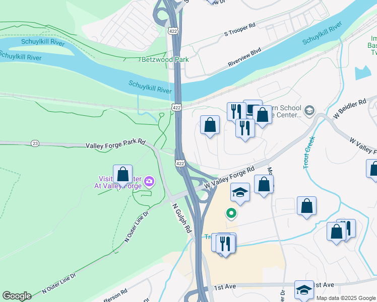 map of restaurants, bars, coffee shops, grocery stores, and more near 1084 Old Forge Lane in King of Prussia