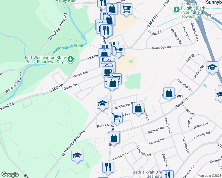 map of restaurants, bars, coffee shops, grocery stores, and more near 1432 State Route 2018 in Flourtown