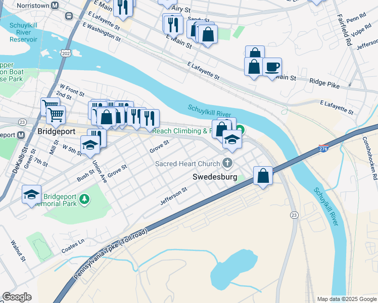 map of restaurants, bars, coffee shops, grocery stores, and more near 1 Fraley Street in Bridgeport