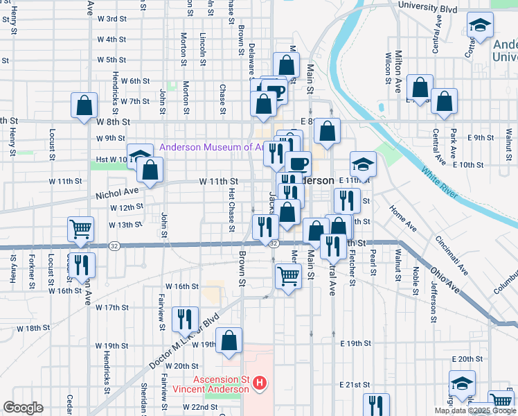 map of restaurants, bars, coffee shops, grocery stores, and more near 123 West 12th Street in Anderson