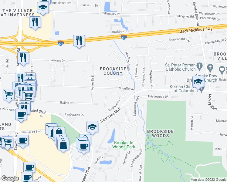 map of restaurants, bars, coffee shops, grocery stores, and more near 2116 Bentwood Circle in Columbus