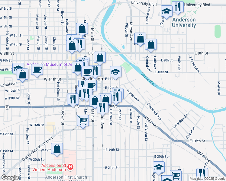 map of restaurants, bars, coffee shops, grocery stores, and more near 319 East 12th Street in Anderson