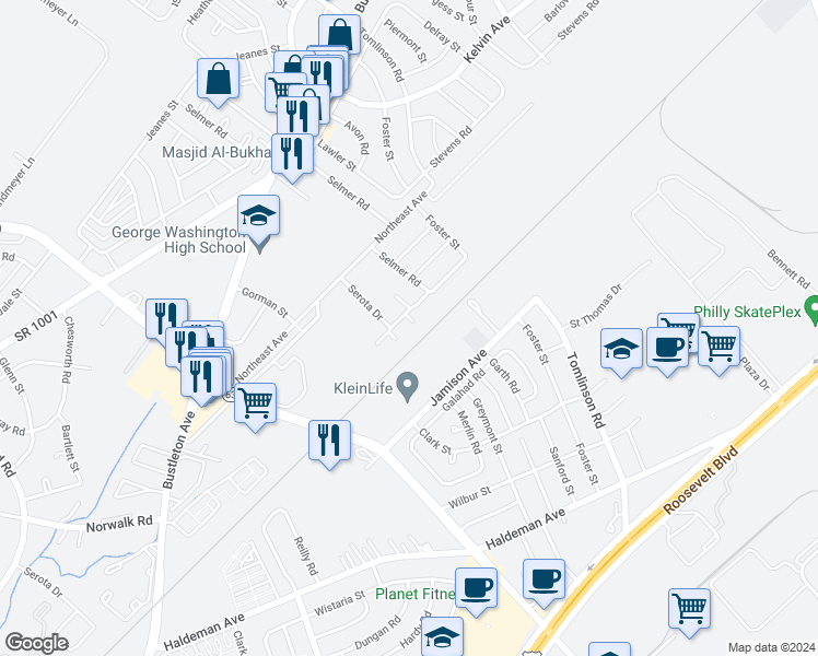 map of restaurants, bars, coffee shops, grocery stores, and more near 1208 Friel Place in Philadelphia