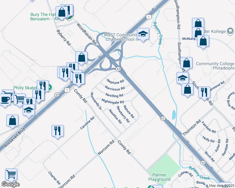 map of restaurants, bars, coffee shops, grocery stores, and more near 2826 Nestling Road in Philadelphia