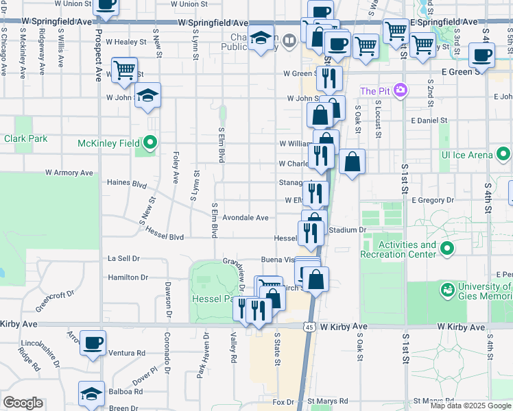 map of restaurants, bars, coffee shops, grocery stores, and more near 311 West Ells Avenue in Champaign