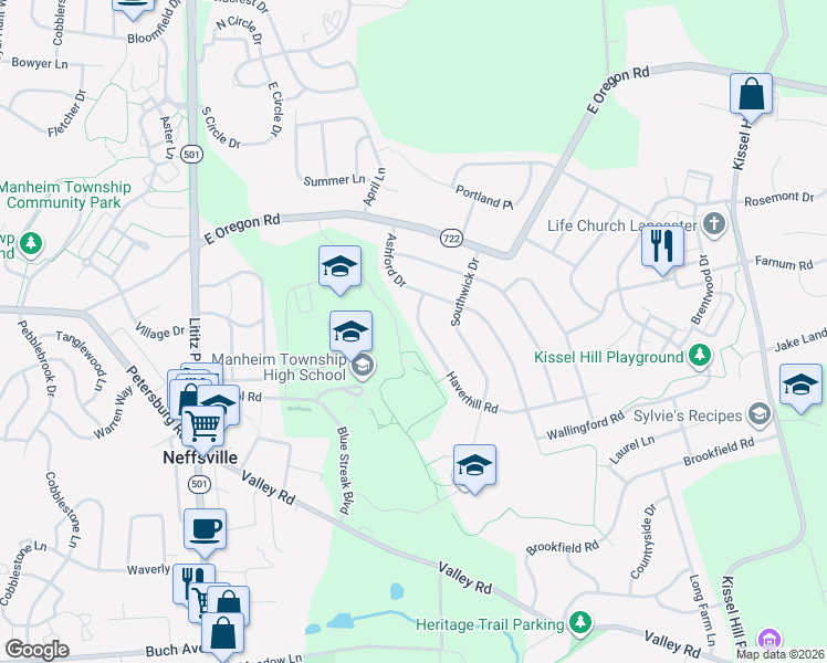 map of restaurants, bars, coffee shops, grocery stores, and more near 410 Haverhill Road in Lancaster