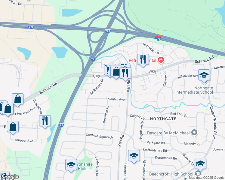 map of restaurants, bars, coffee shops, grocery stores, and more near 1454 Barnes Drive East in Columbus