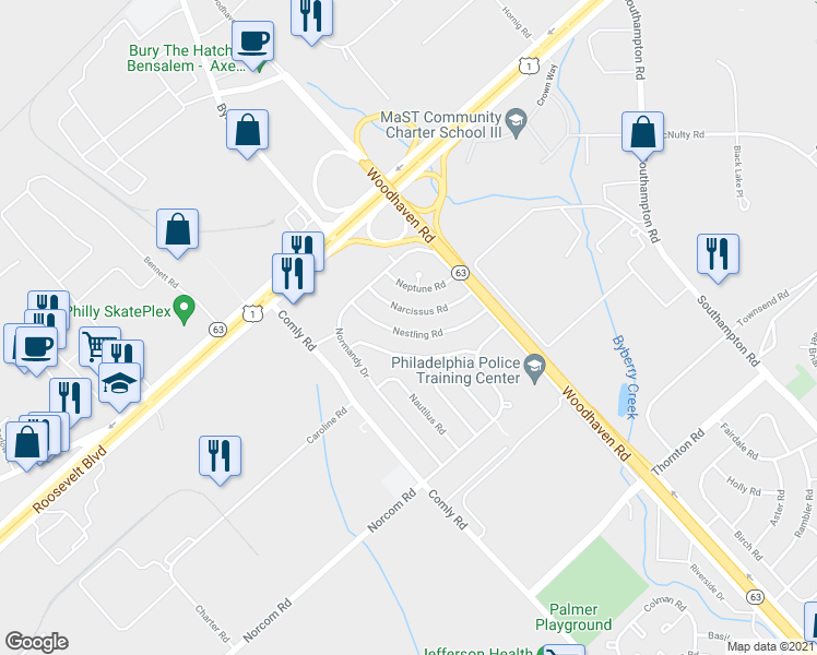 map of restaurants, bars, coffee shops, grocery stores, and more near 2818 Nestling Road in Philadelphia