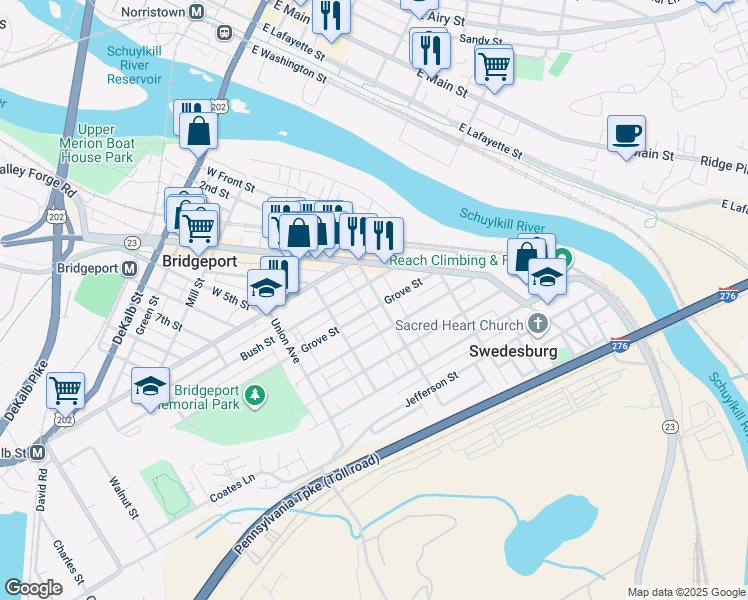 map of restaurants, bars, coffee shops, grocery stores, and more near 216 Holstein Street in Bridgeport
