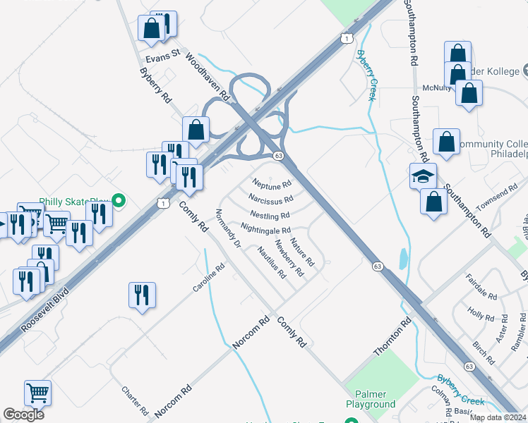 map of restaurants, bars, coffee shops, grocery stores, and more near 2818 Nestling Road in Philadelphia