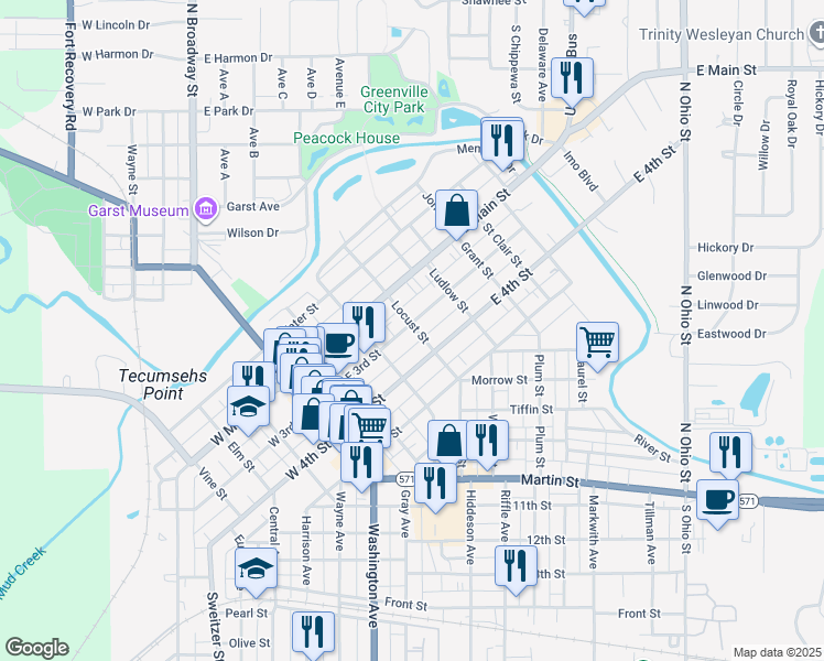map of restaurants, bars, coffee shops, grocery stores, and more near 339 East 3rd Street in Greenville