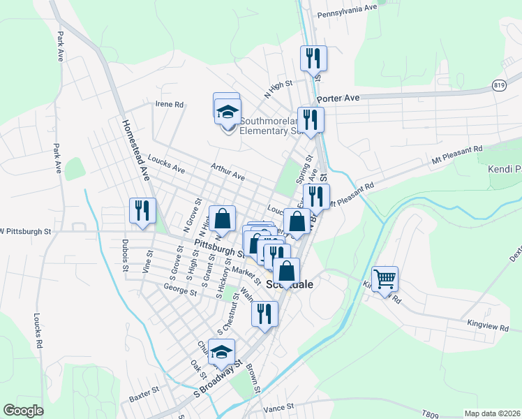 map of restaurants, bars, coffee shops, grocery stores, and more near 215 North Chestnut Street in Scottdale
