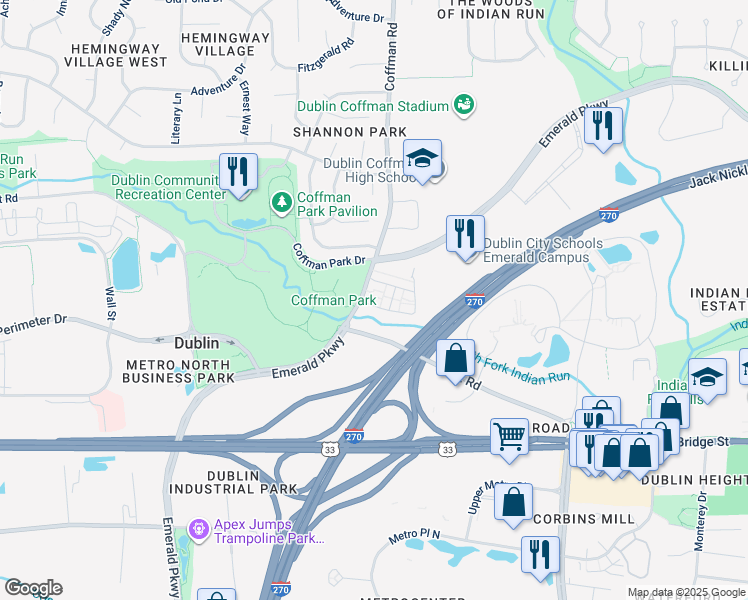 map of restaurants, bars, coffee shops, grocery stores, and more near 5248 Willow Grove Place South in Dublin