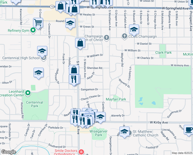map of restaurants, bars, coffee shops, grocery stores, and more near 1607 Oxford Drive in Champaign