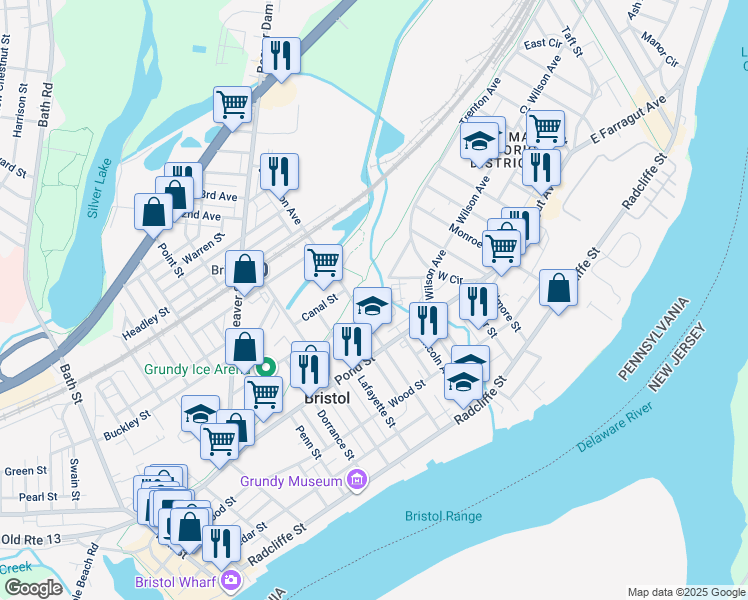 map of restaurants, bars, coffee shops, grocery stores, and more near 1027 Elm Street in Bristol