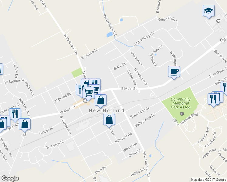 map of restaurants, bars, coffee shops, grocery stores, and more near 302 East Main Street in New Holland