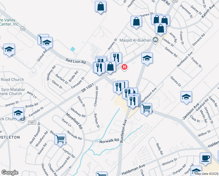 map of restaurants, bars, coffee shops, grocery stores, and more near 808 Red Lion Road in Philadelphia