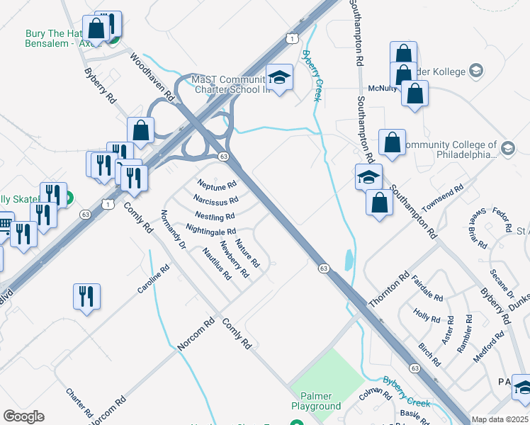 map of restaurants, bars, coffee shops, grocery stores, and more near 2832 Woodhaven Road in Philadelphia