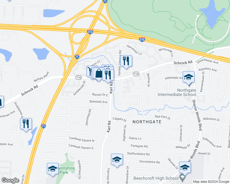 map of restaurants, bars, coffee shops, grocery stores, and more near 6678 Guinevere Drive in Columbus