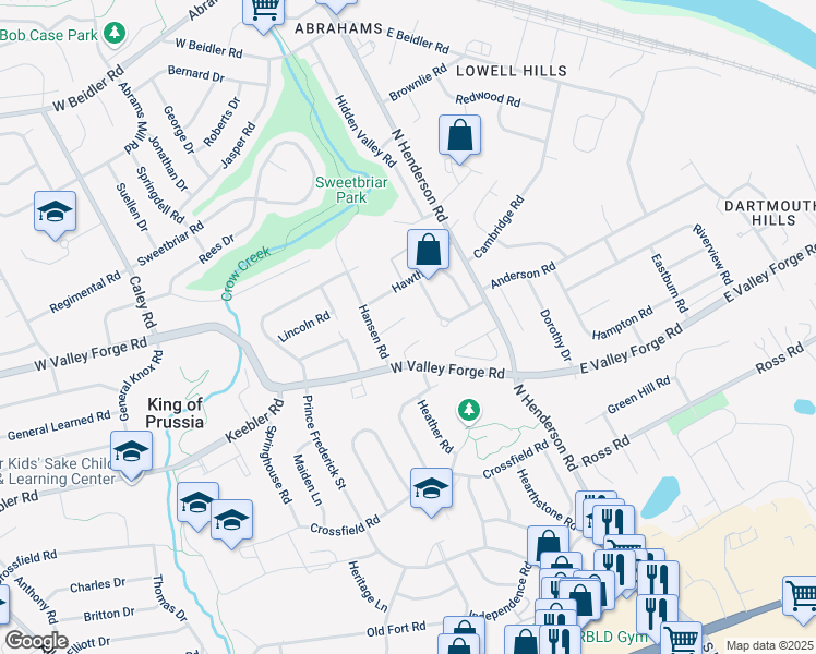 map of restaurants, bars, coffee shops, grocery stores, and more near 236 Chapel Lane in King of Prussia