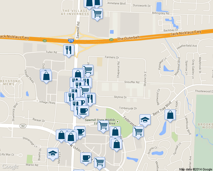 map of restaurants, bars, coffee shops, grocery stores, and more near 3677 Snouffer Road in Columbus