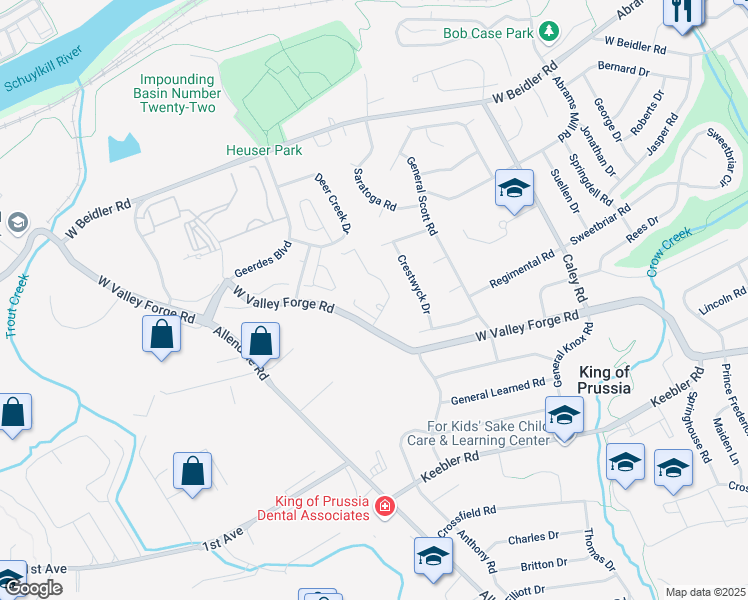 map of restaurants, bars, coffee shops, grocery stores, and more near 600 West Valley Forge Road in King of Prussia