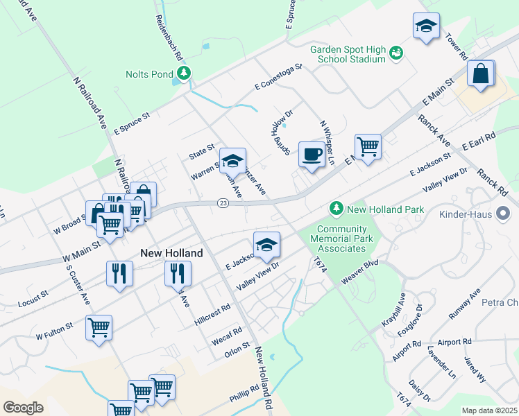 map of restaurants, bars, coffee shops, grocery stores, and more near 378 East Main Street in New Holland