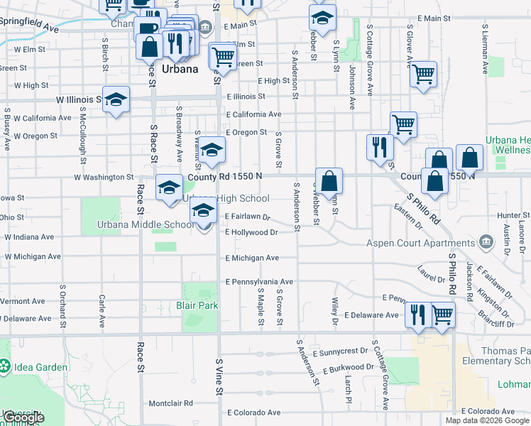 map of restaurants, bars, coffee shops, grocery stores, and more near 546 East Fairlawn Drive in Urbana