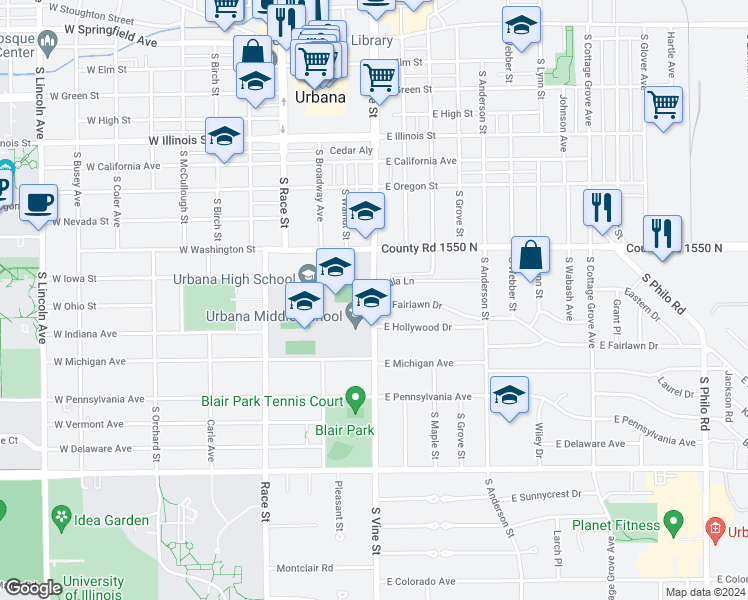 map of restaurants, bars, coffee shops, grocery stores, and more near 304 East Fairlawn Drive in Urbana