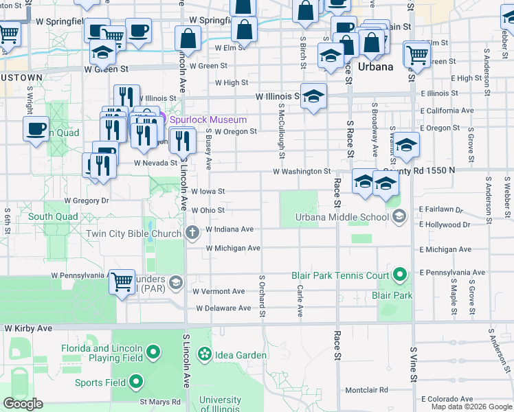 map of restaurants, bars, coffee shops, grocery stores, and more near 606 West Ohio Street in Urbana