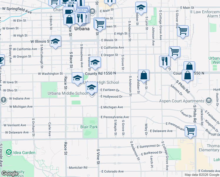 map of restaurants, bars, coffee shops, grocery stores, and more near 446 East Fairlawn Drive in Urbana