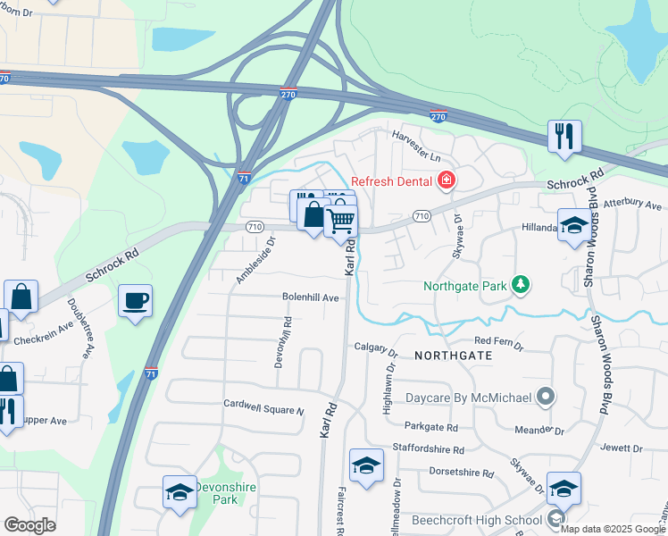 map of restaurants, bars, coffee shops, grocery stores, and more near 1544 Barnes Drive East in Columbus
