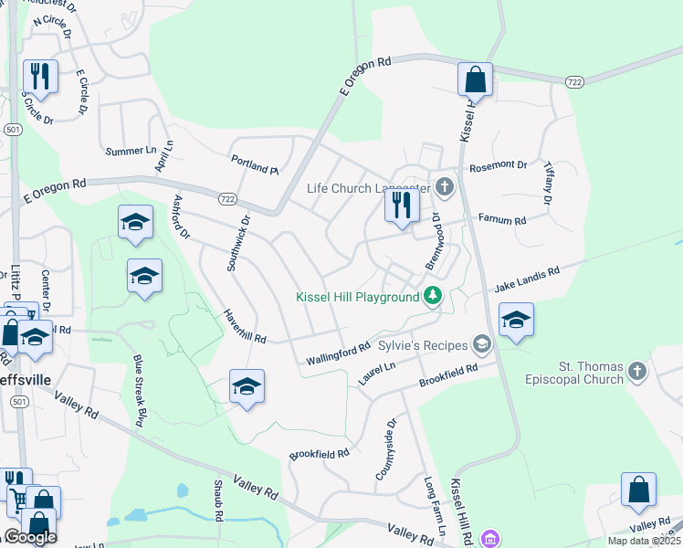 map of restaurants, bars, coffee shops, grocery stores, and more near 504 Thornberry Lane in Lititz