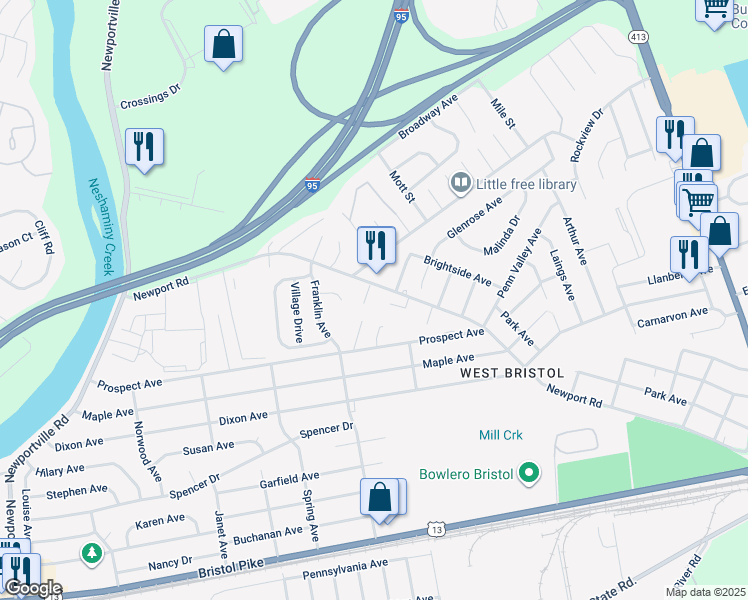 map of restaurants, bars, coffee shops, grocery stores, and more near 1307 Newport Road in Bristol
