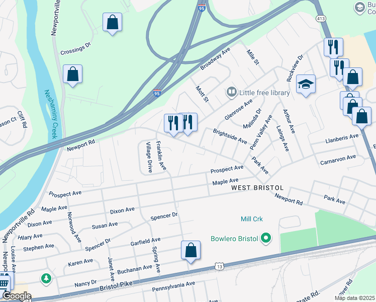 map of restaurants, bars, coffee shops, grocery stores, and more near 1307 Newport Road in Bristol