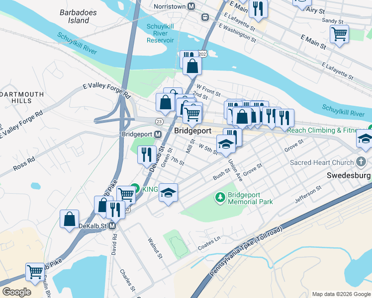 map of restaurants, bars, coffee shops, grocery stores, and more near 127 Sixth Street in Bridgeport