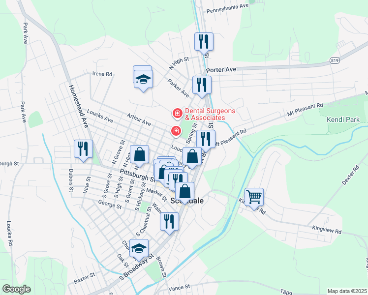 map of restaurants, bars, coffee shops, grocery stores, and more near 300 Loucks Avenue in Scottdale