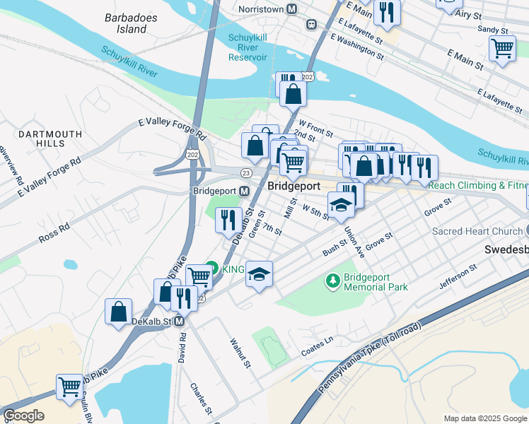 map of restaurants, bars, coffee shops, grocery stores, and more near 601 Green Street in Bridgeport