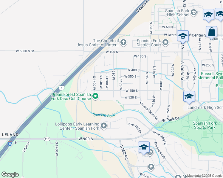 map of restaurants, bars, coffee shops, grocery stores, and more near 452 South 1230 West in Spanish Fork