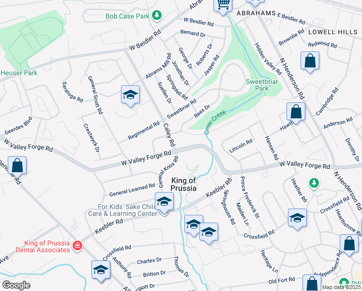 map of restaurants, bars, coffee shops, grocery stores, and more near 394 West Valley Forge Road in King of Prussia