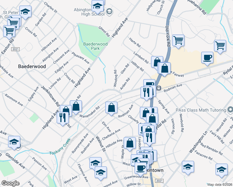 map of restaurants, bars, coffee shops, grocery stores, and more near 647 Baeder Road in Jenkintown