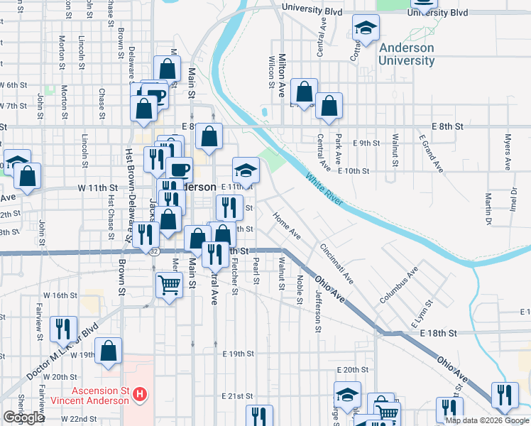 map of restaurants, bars, coffee shops, grocery stores, and more near 1212 Pearl Street in Anderson