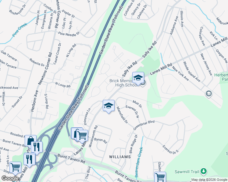 map of restaurants, bars, coffee shops, grocery stores, and more near 40 Arlene Court in Brick Township