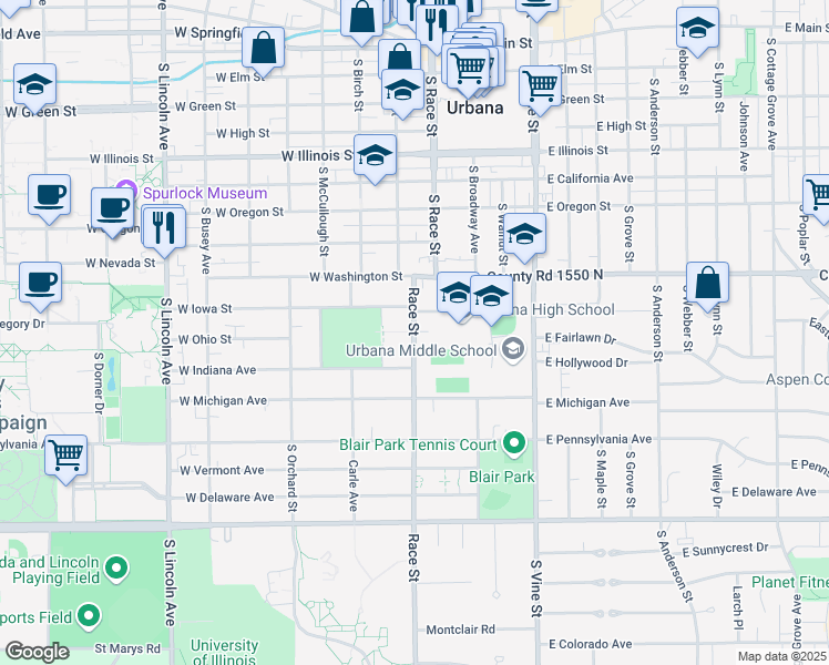 map of restaurants, bars, coffee shops, grocery stores, and more near 1000 South Race Street in Urbana