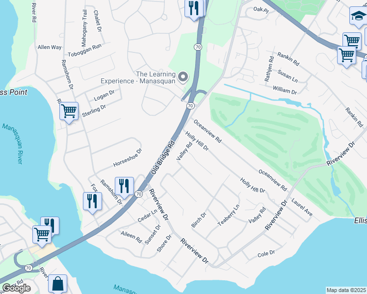 map of restaurants, bars, coffee shops, grocery stores, and more near 661 Valley Road in Brielle