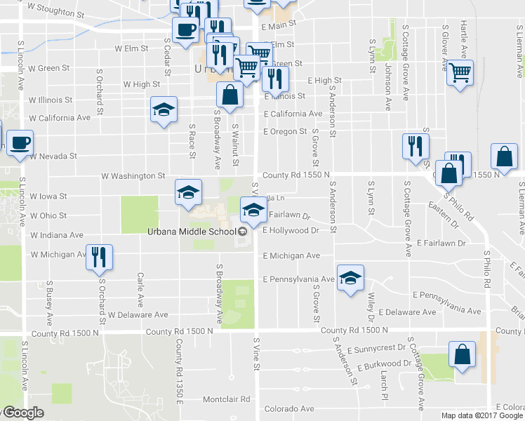 map of restaurants, bars, coffee shops, grocery stores, and more near 304 East Fairlawn Drive in Urbana