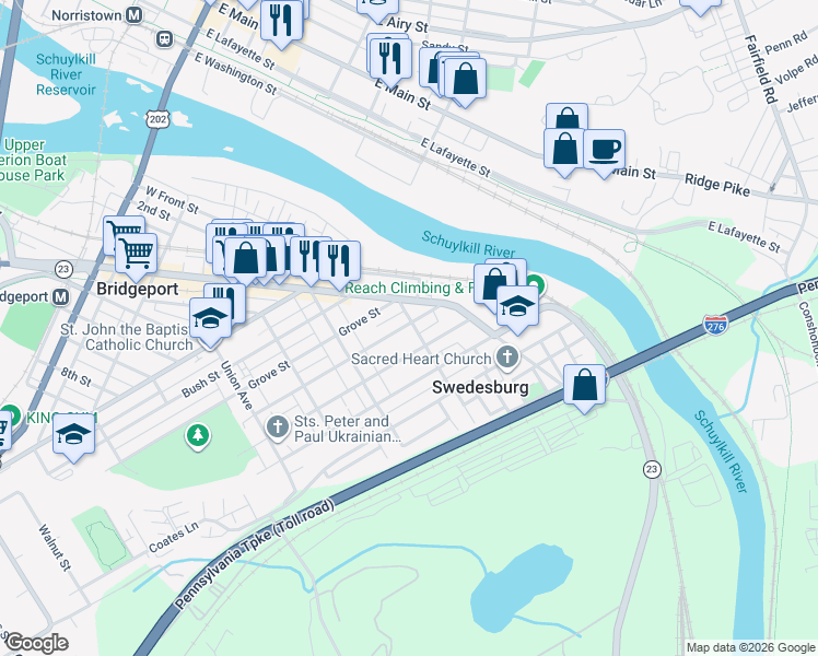 map of restaurants, bars, coffee shops, grocery stores, and more near 302 Prospect Avenue in Bridgeport