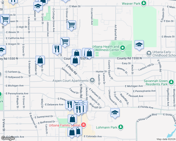 map of restaurants, bars, coffee shops, grocery stores, and more near 1009 South Lierman Avenue in Urbana