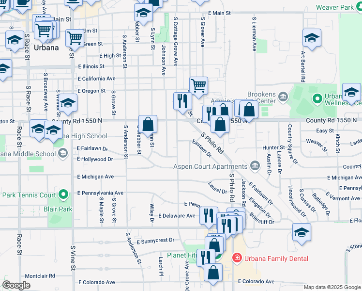 map of restaurants, bars, coffee shops, grocery stores, and more near 1012 South Cottage Grove Avenue in Urbana